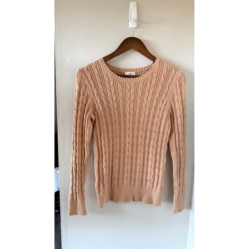 St. John's Bay Cable Knit Sweater M Tan Cotton Blend Crewneck Fisherman Preppy